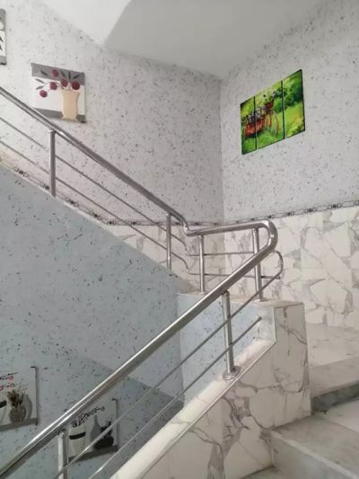 Escaliers en marbre blanc et cage en inox
